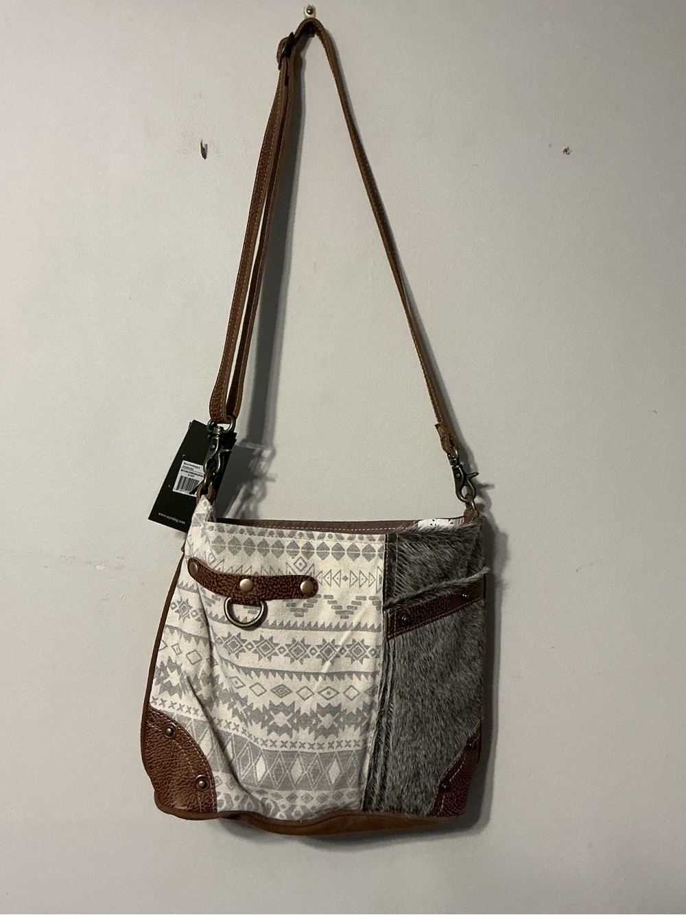 Myra Bag Brown and Gray Patterned Canvas Crossbody with Faux Fur Accent